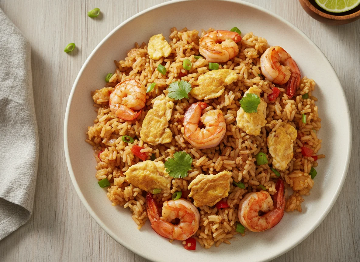Arroz frito con huevo y camarones photo