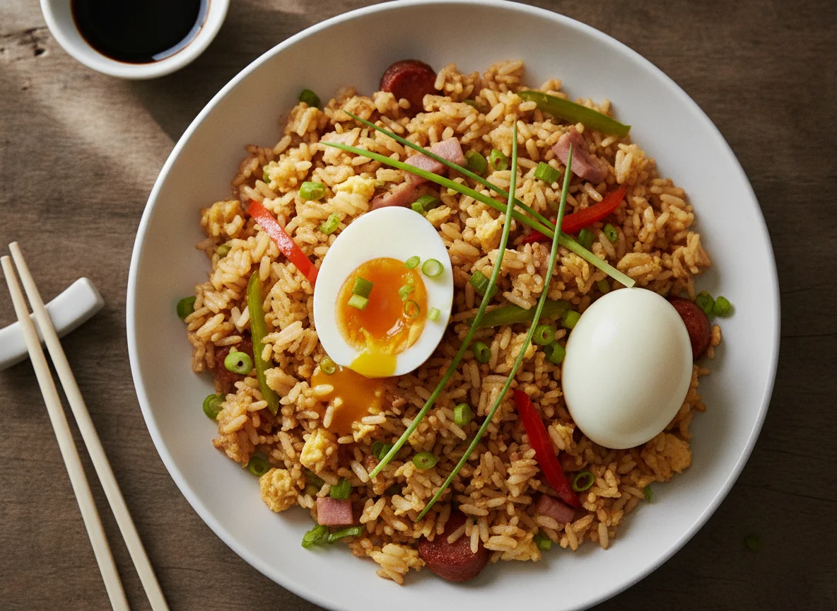 Arroz frito con huevo y cebolleta photo