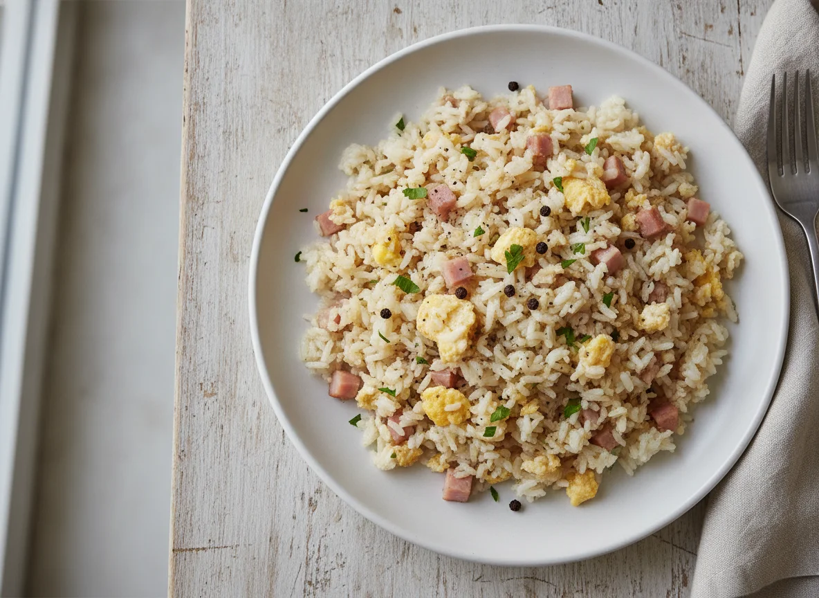 Arroz frito con huevo y jamón photo
