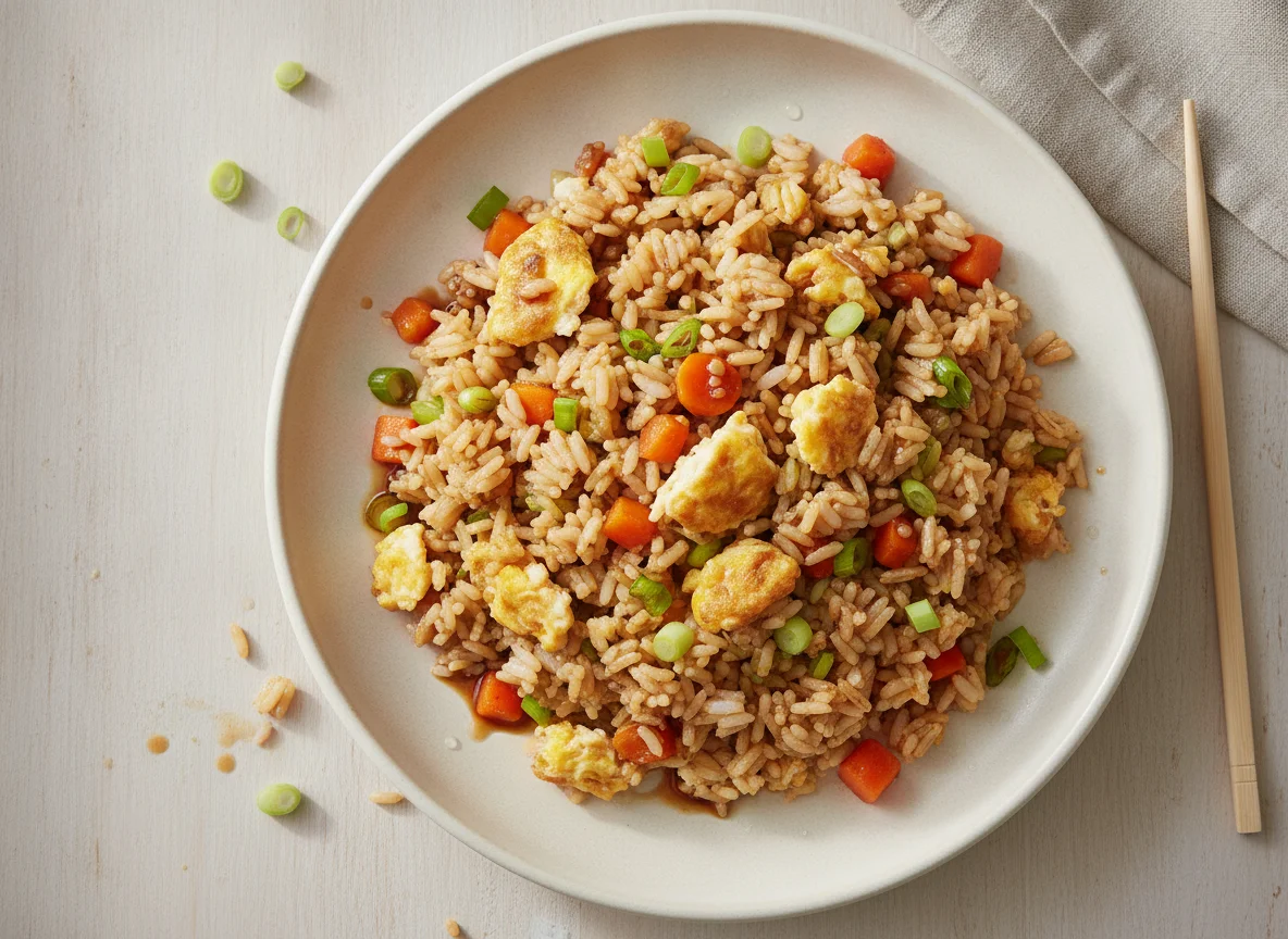 Arroz frito con huevo y vegetales photo