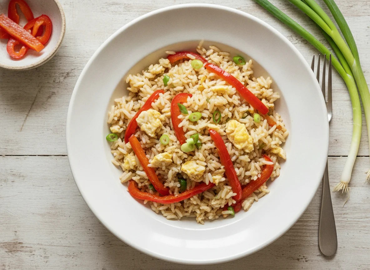 Arroz frito con huevo y verduras photo
