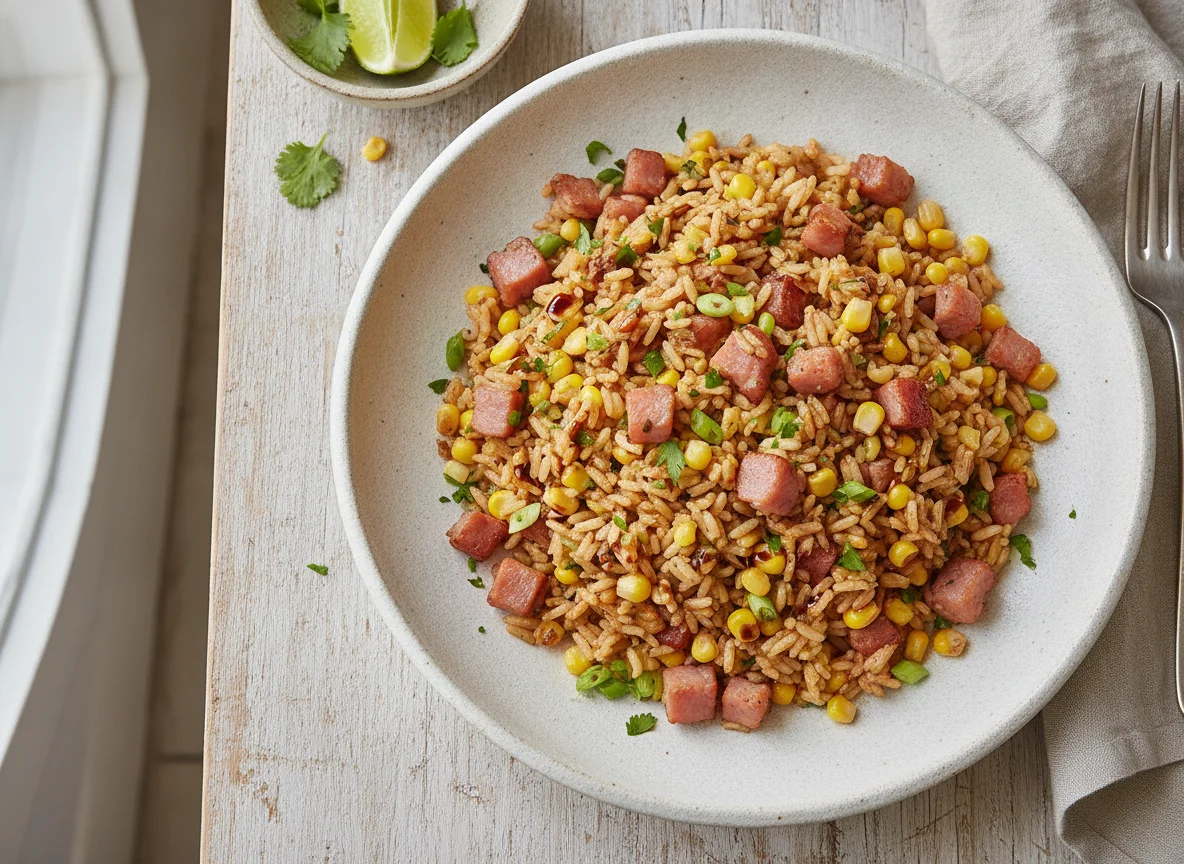 Arroz frito con jamón y maíz photo