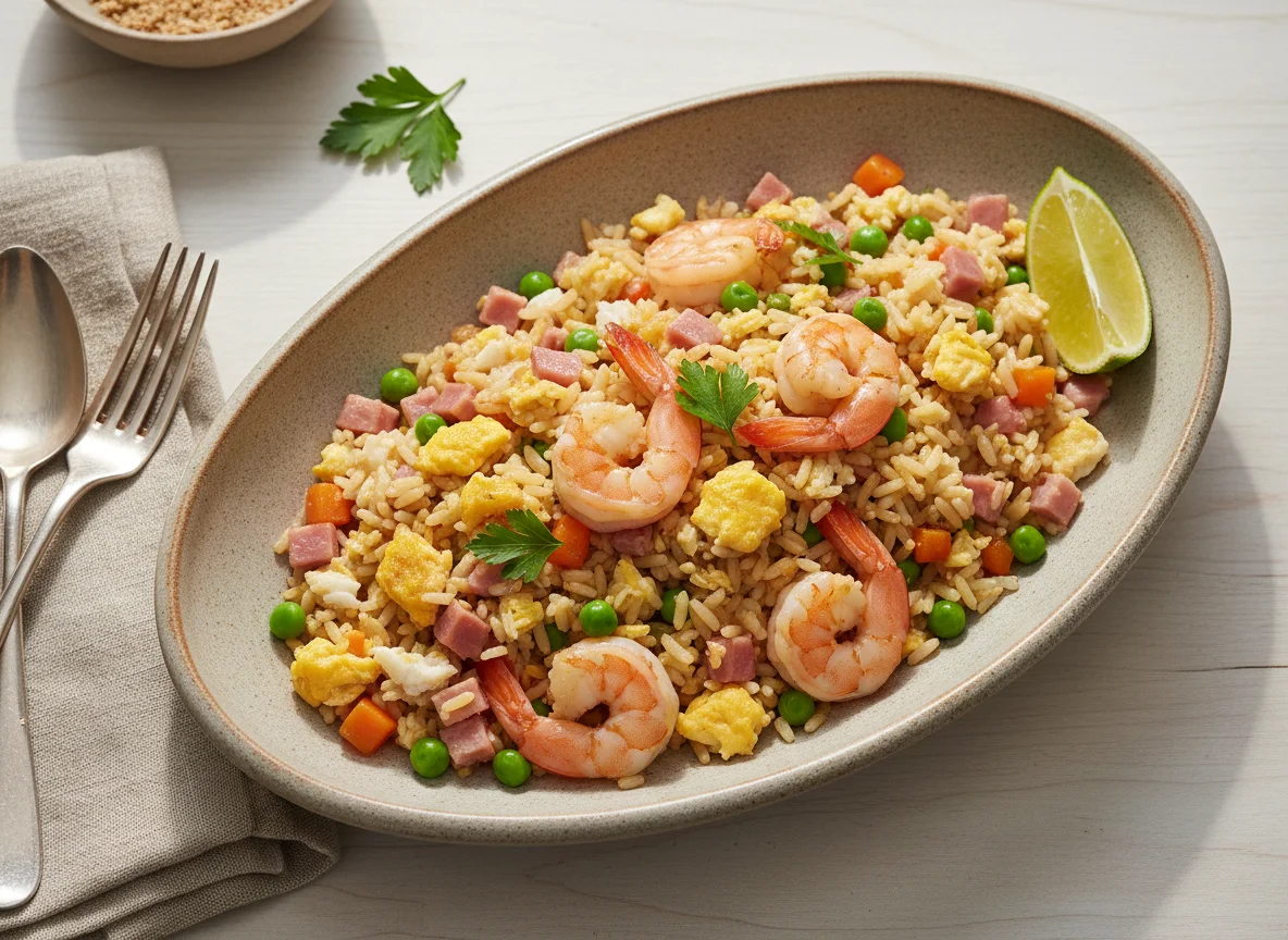 Arroz frito con jamón y verduras photo
