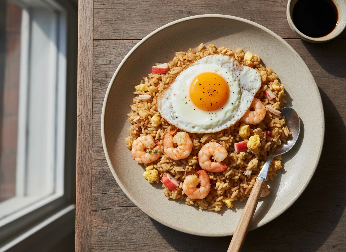 Arroz frito con mariscos y huevo photo