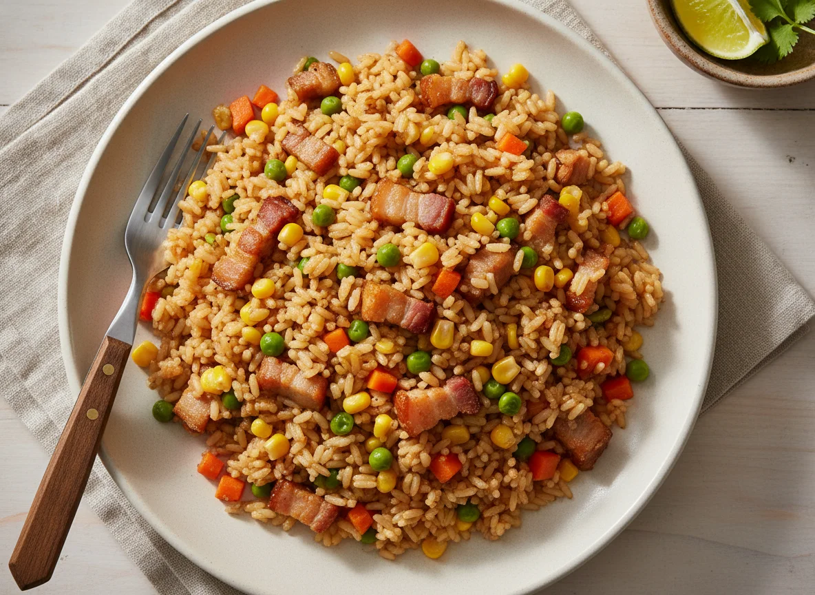 Arroz frito con panceta de cerdo y verduras photo