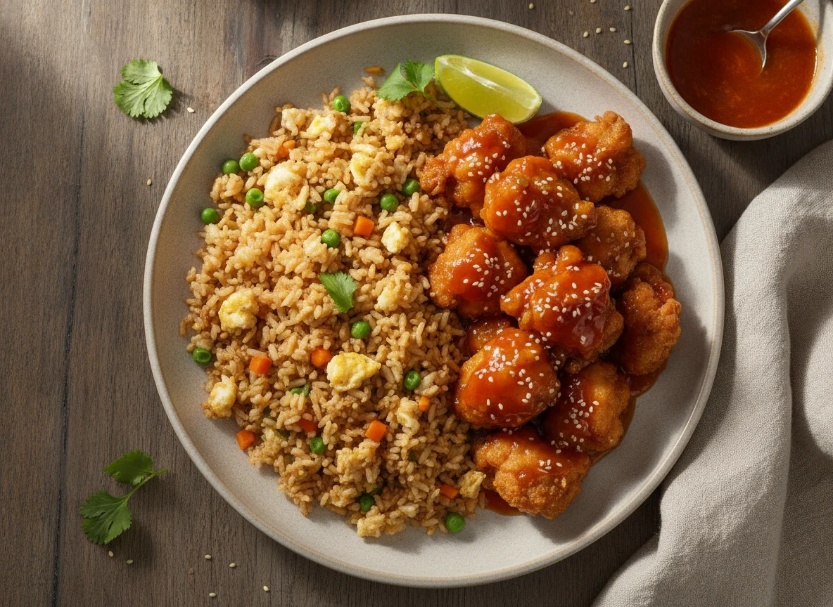 Arroz frito con pollo agridulce photo
