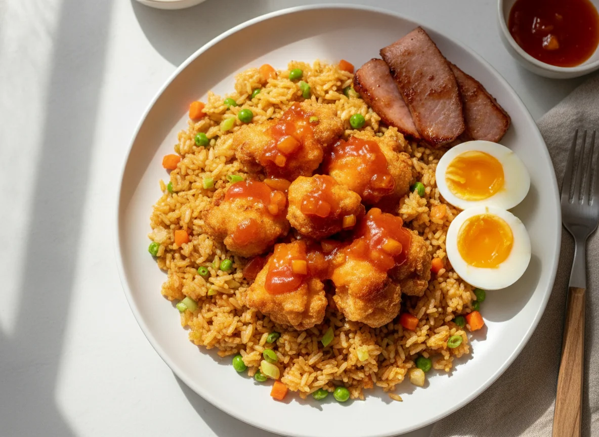 Arroz frito con pollo agridulce, huevo cocido y jamón photo