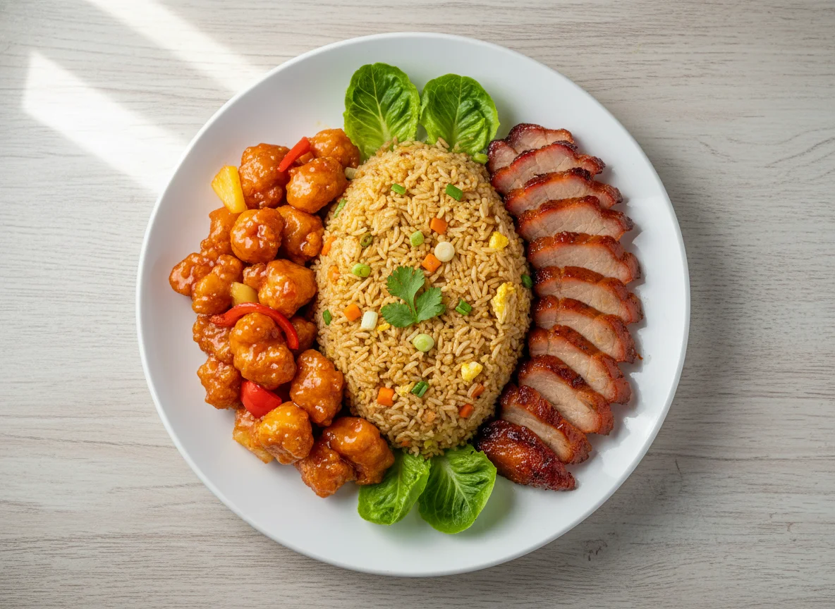 Arroz frito con pollo agridulce y cerdo asado photo