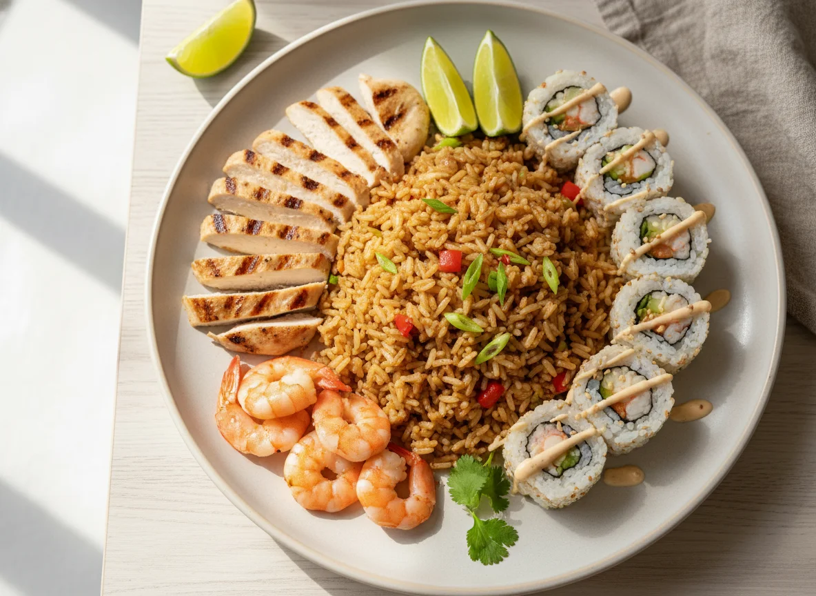 Arroz frito con pollo, camarones y sushi photo