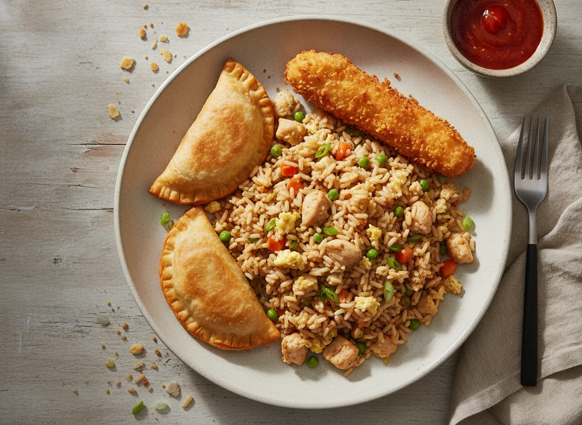 Arroz frito con pollo, empanadillas y tira de pollo rebozada photo