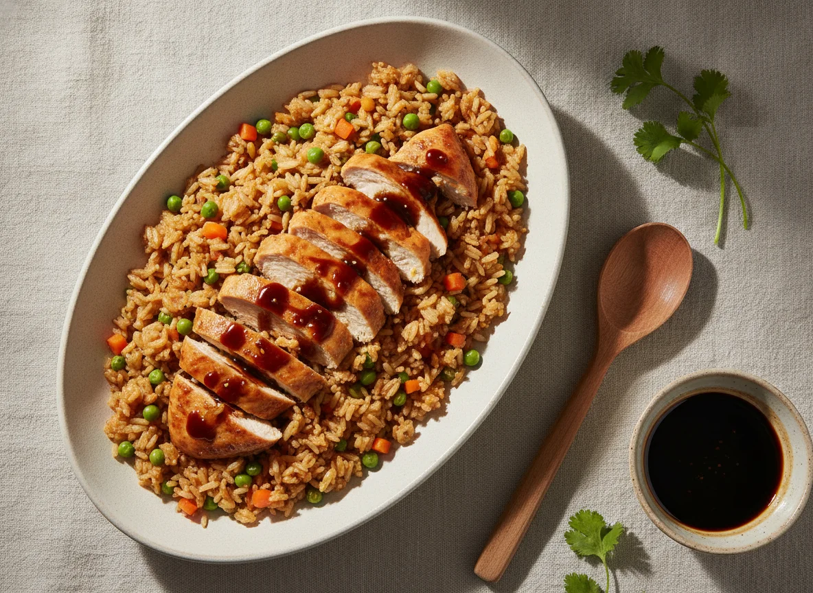 Arroz frito con pollo en salsa de soja photo