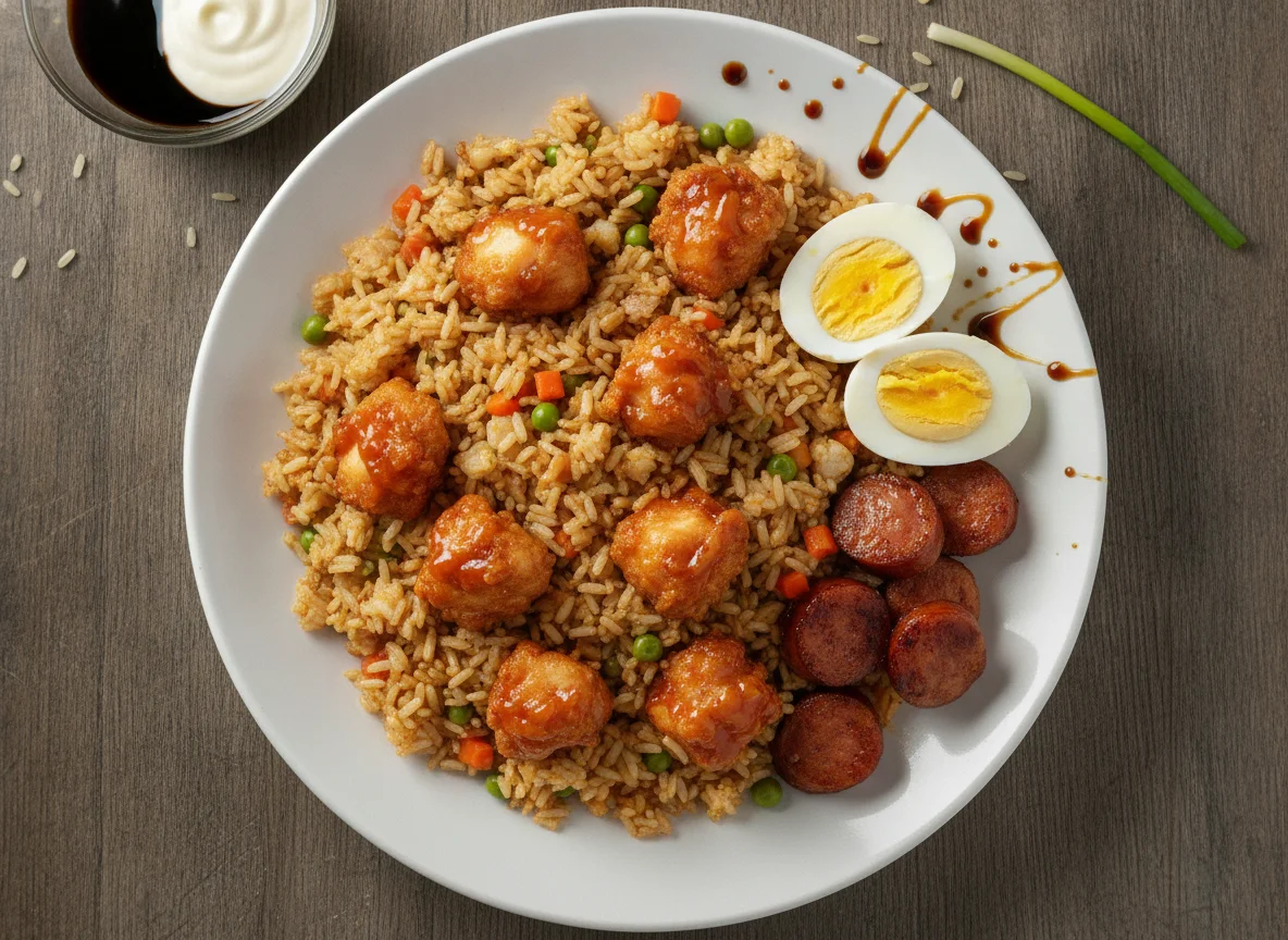 Arroz frito con pollo, huevo y salchicha photo