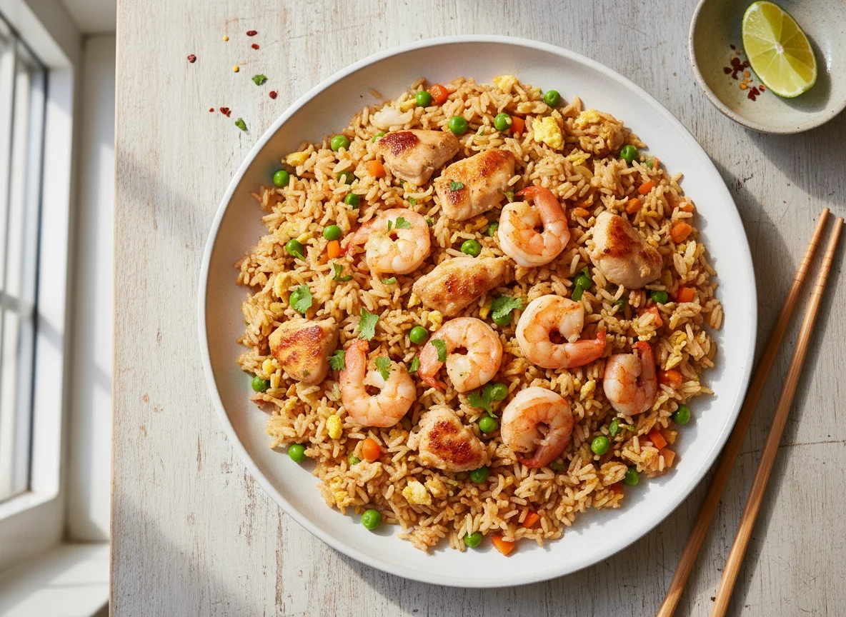 Arroz frito con pollo y gambas photo