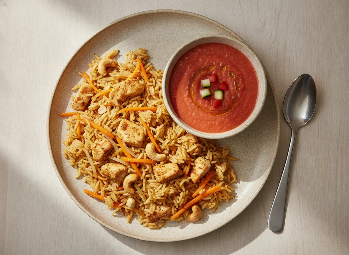 Arroz frito con pollo y gazpacho photo