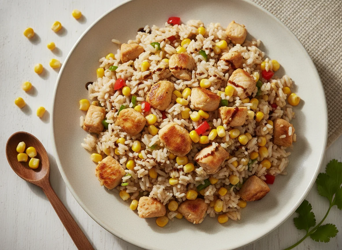 Arroz frito con pollo y maíz photo