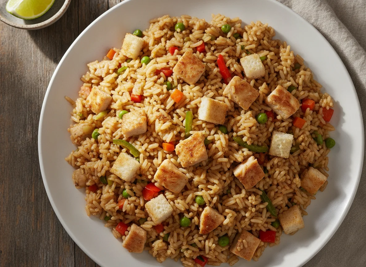 Arroz frito con pollo y pan photo