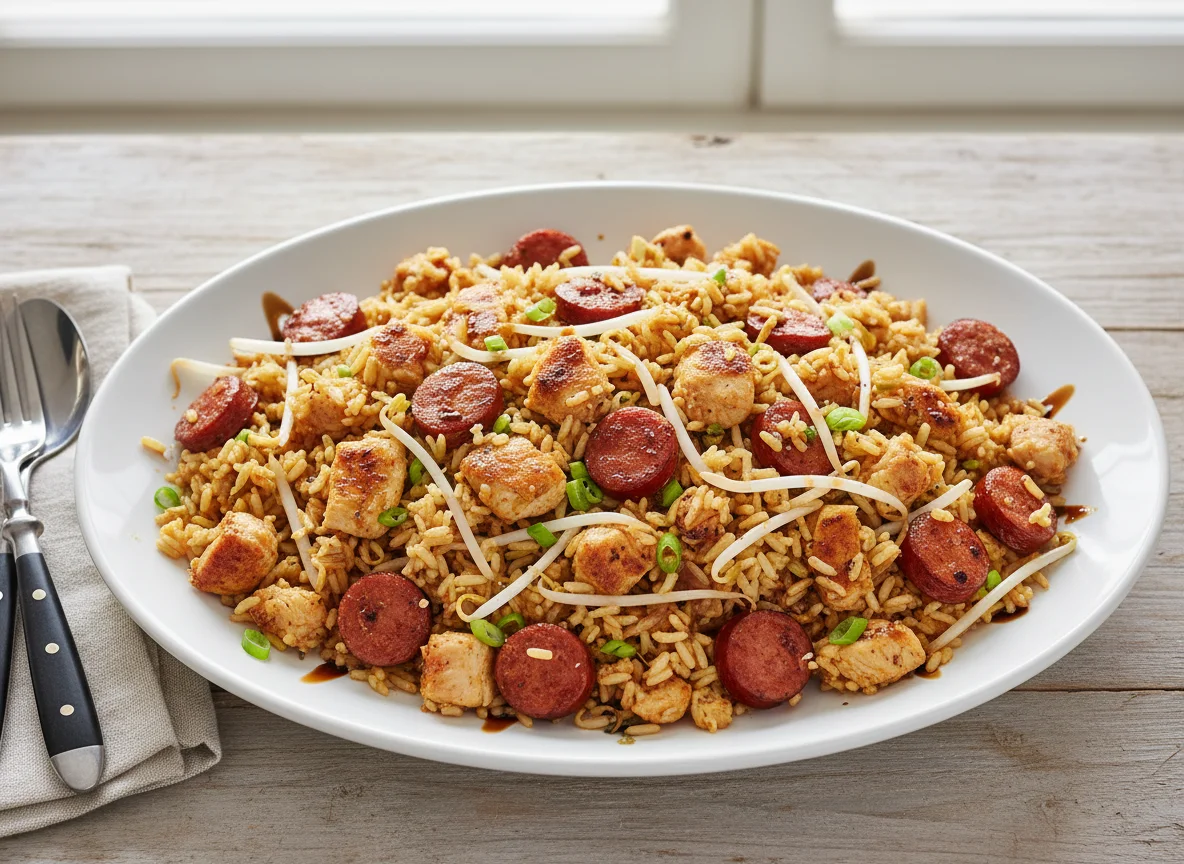 Arroz frito con pollo y salchicha photo