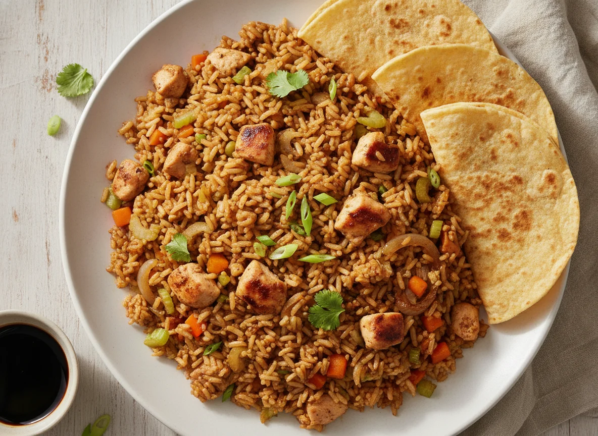 Arroz frito con pollo y tortillas photo