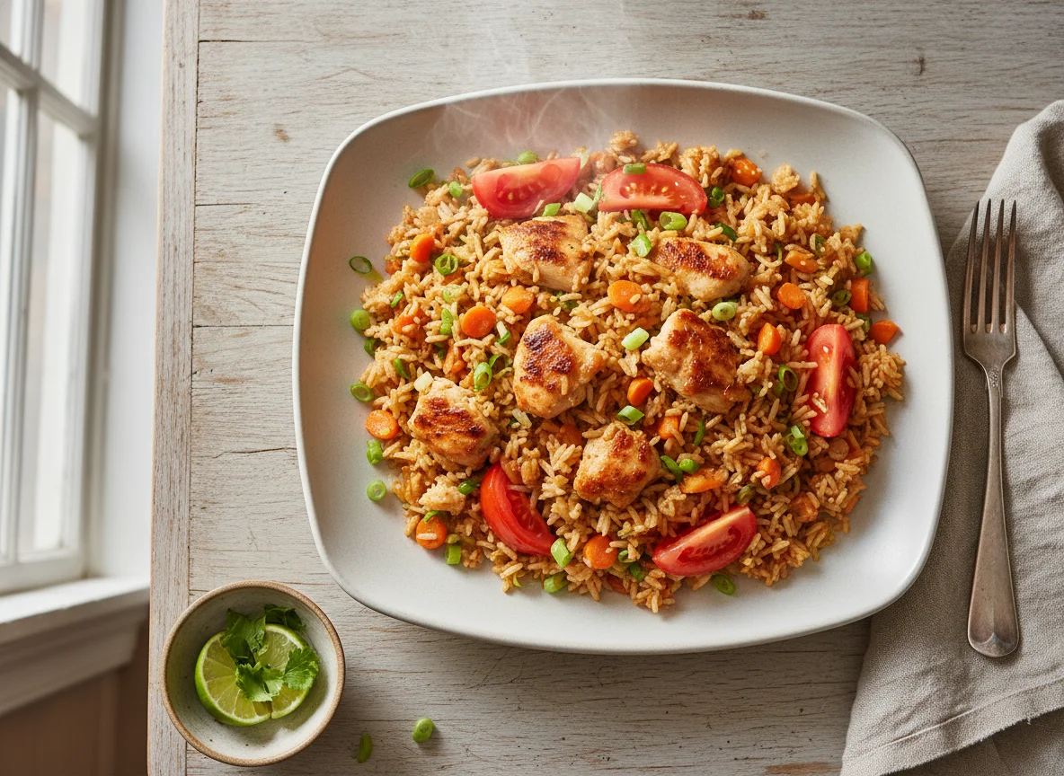 Arroz frito con pollo y vegetales photo