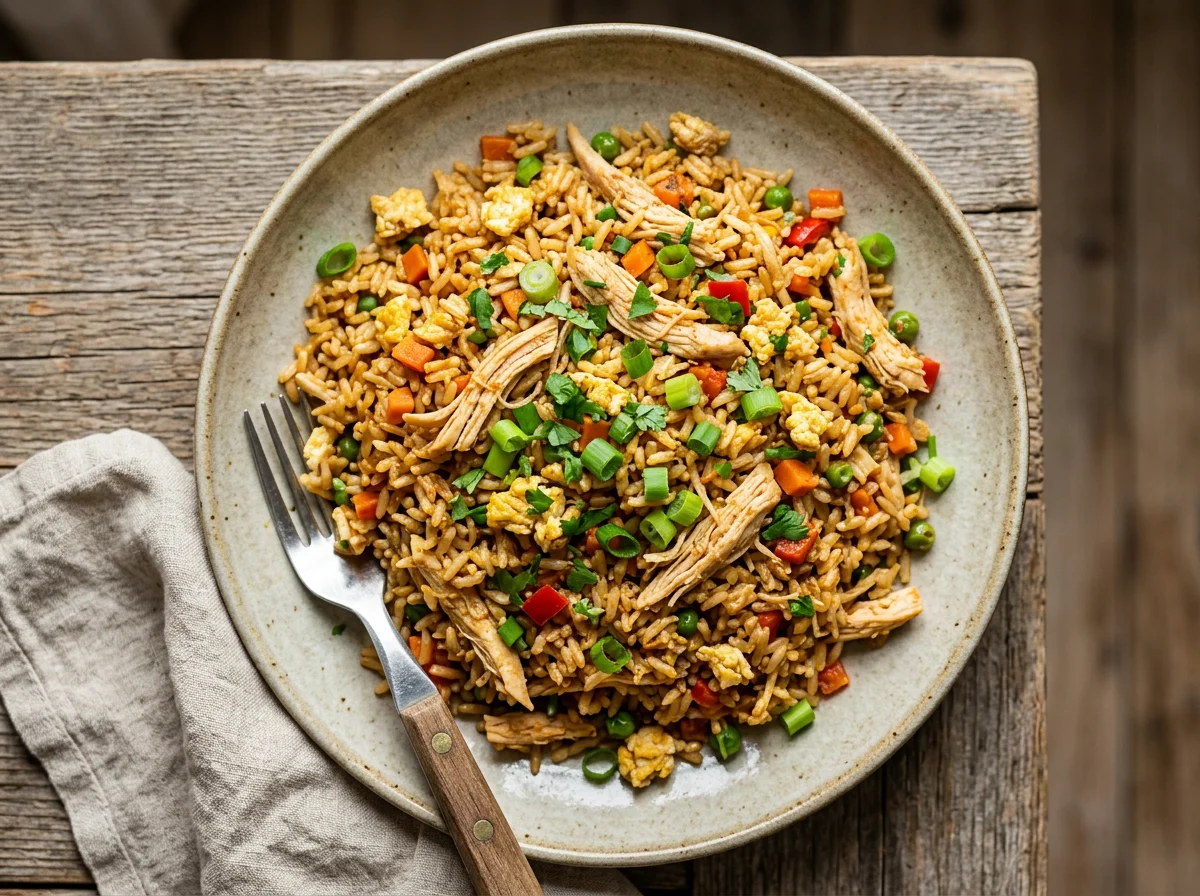 Arroz frito con pollo y verduras photo