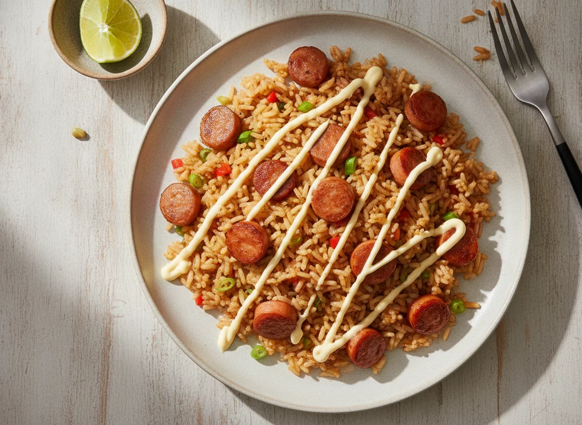 Arroz frito con salchichas y mayonesa photo