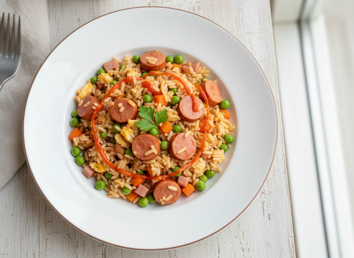 Arroz frito con salchichas y verduras photo
