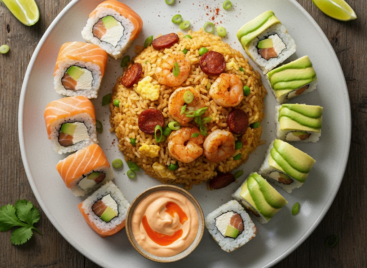 Arroz frito con sushi variado photo