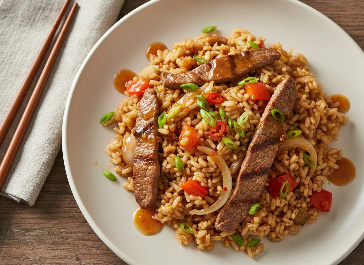 Arroz frito con ternera y salsa agridulce photo