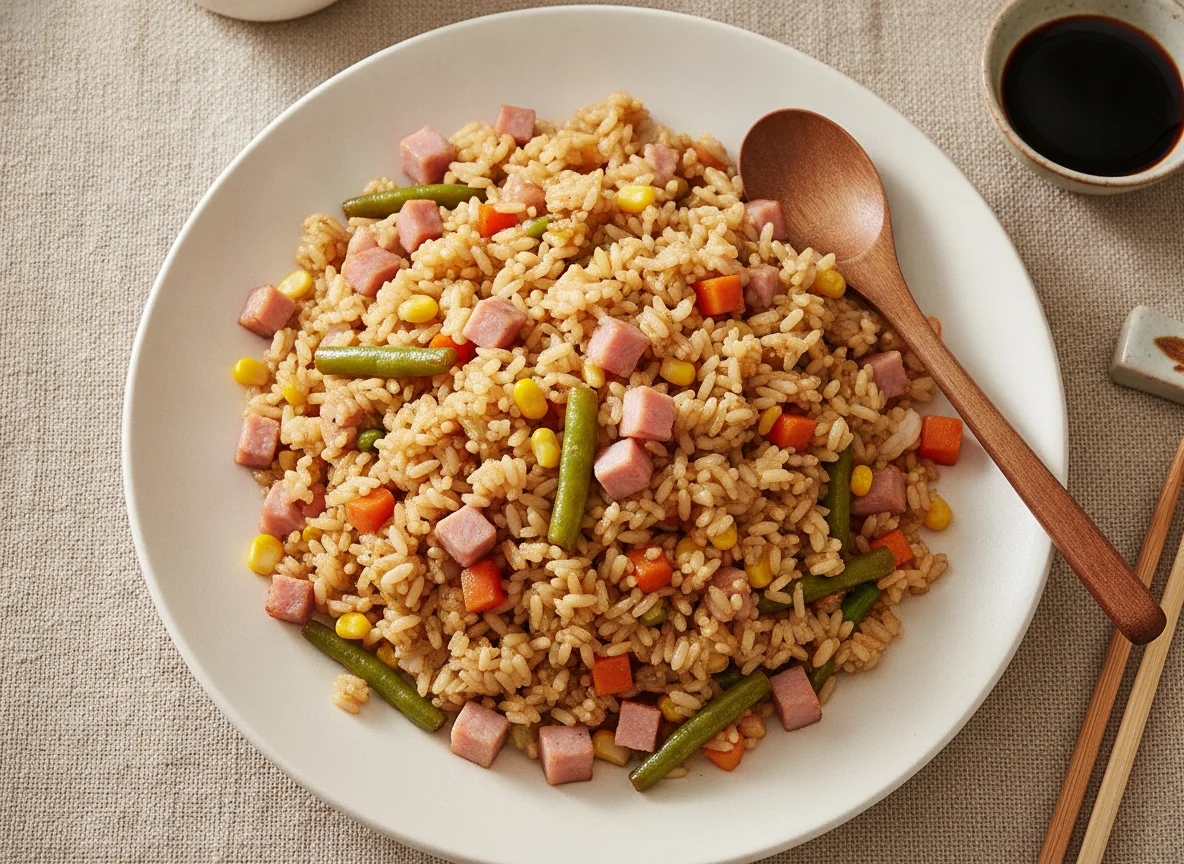 Arroz frito con vegetales y jamón photo