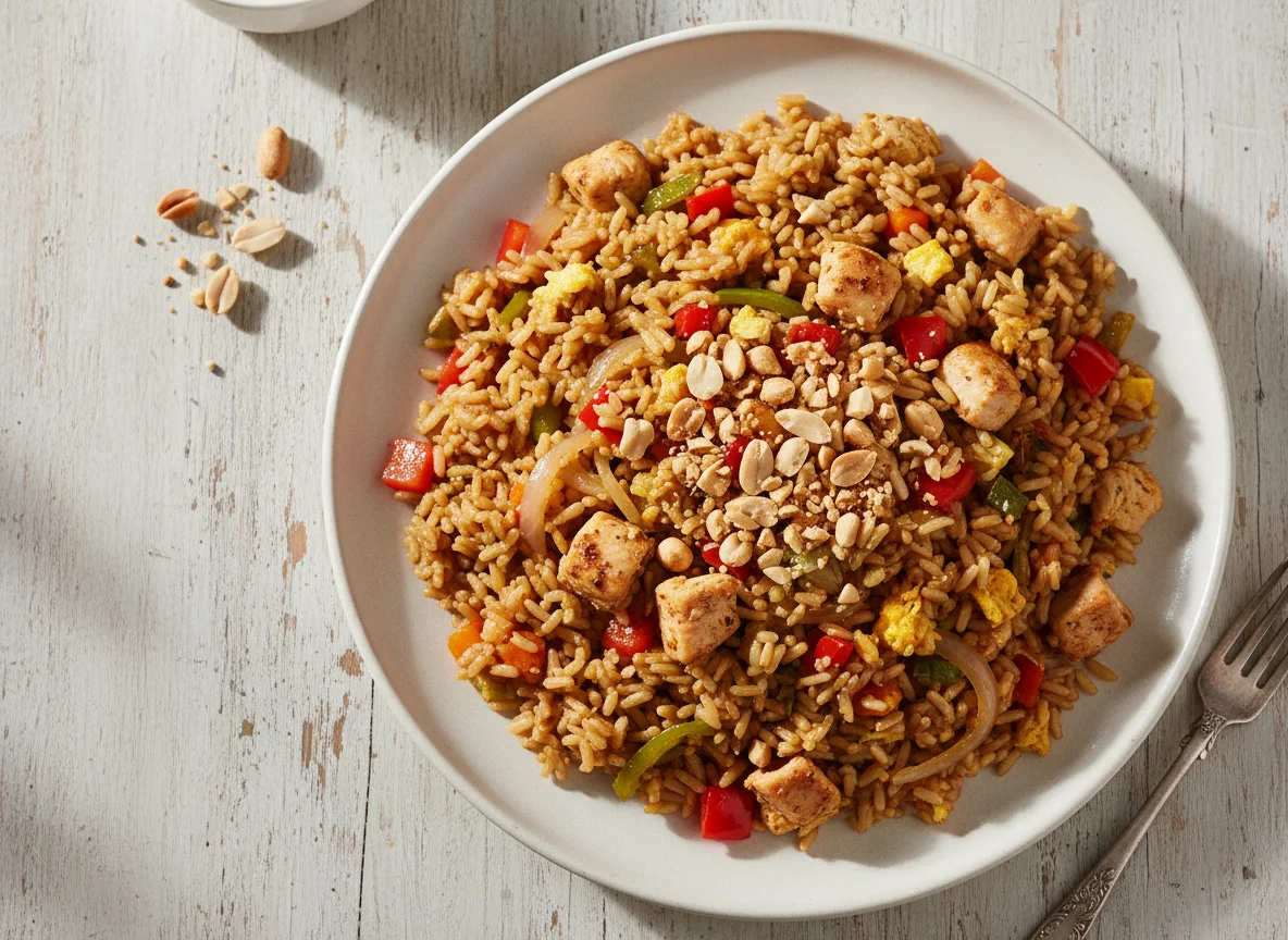 Arroz frito con verduras, pollo y cacahuetes photo