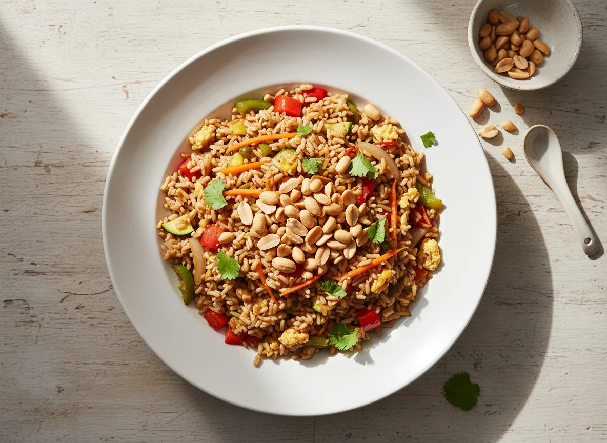 Arroz frito con verduras y cacahuetes photo