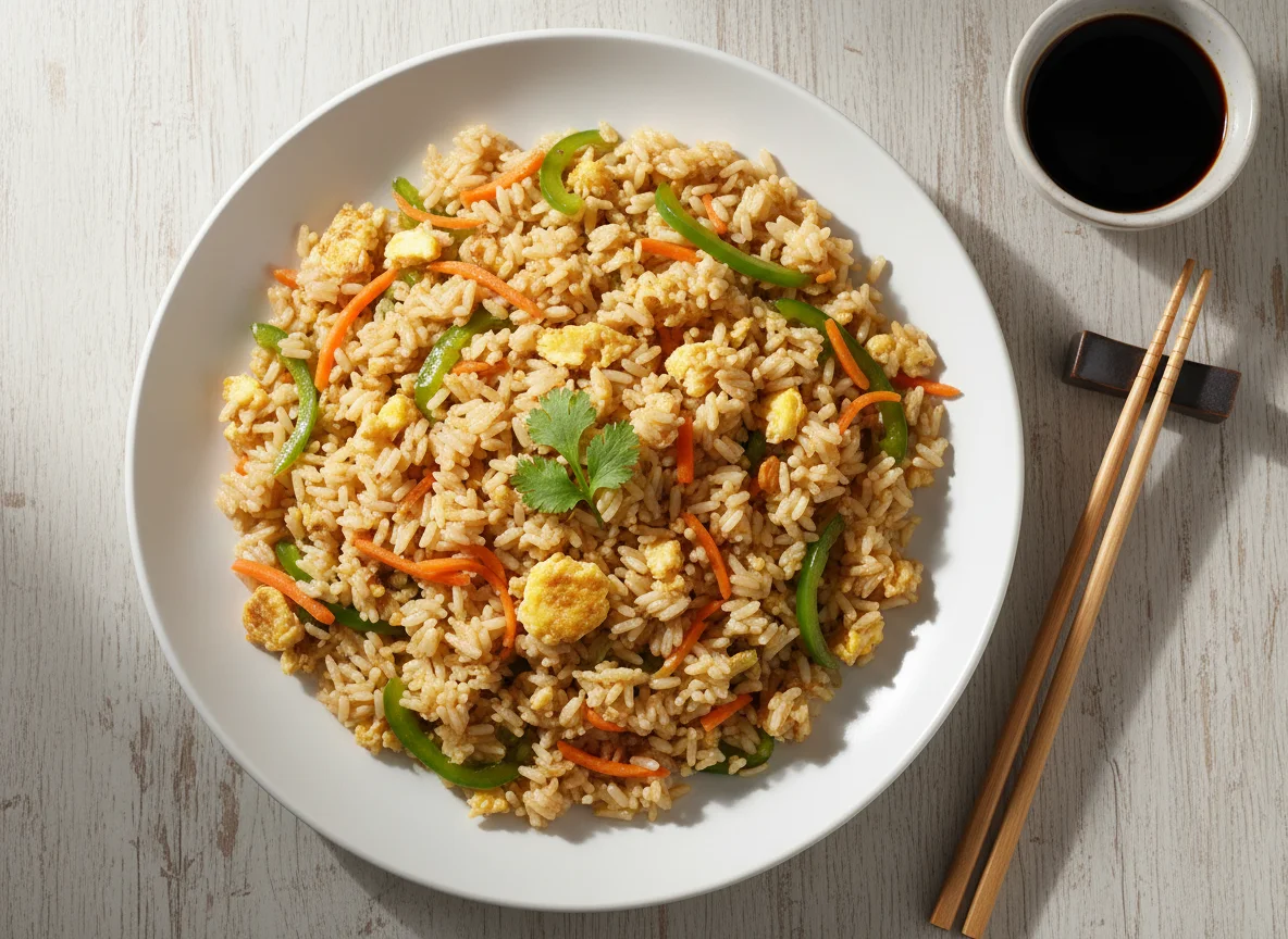 Arroz frito con verduras y huevo photo