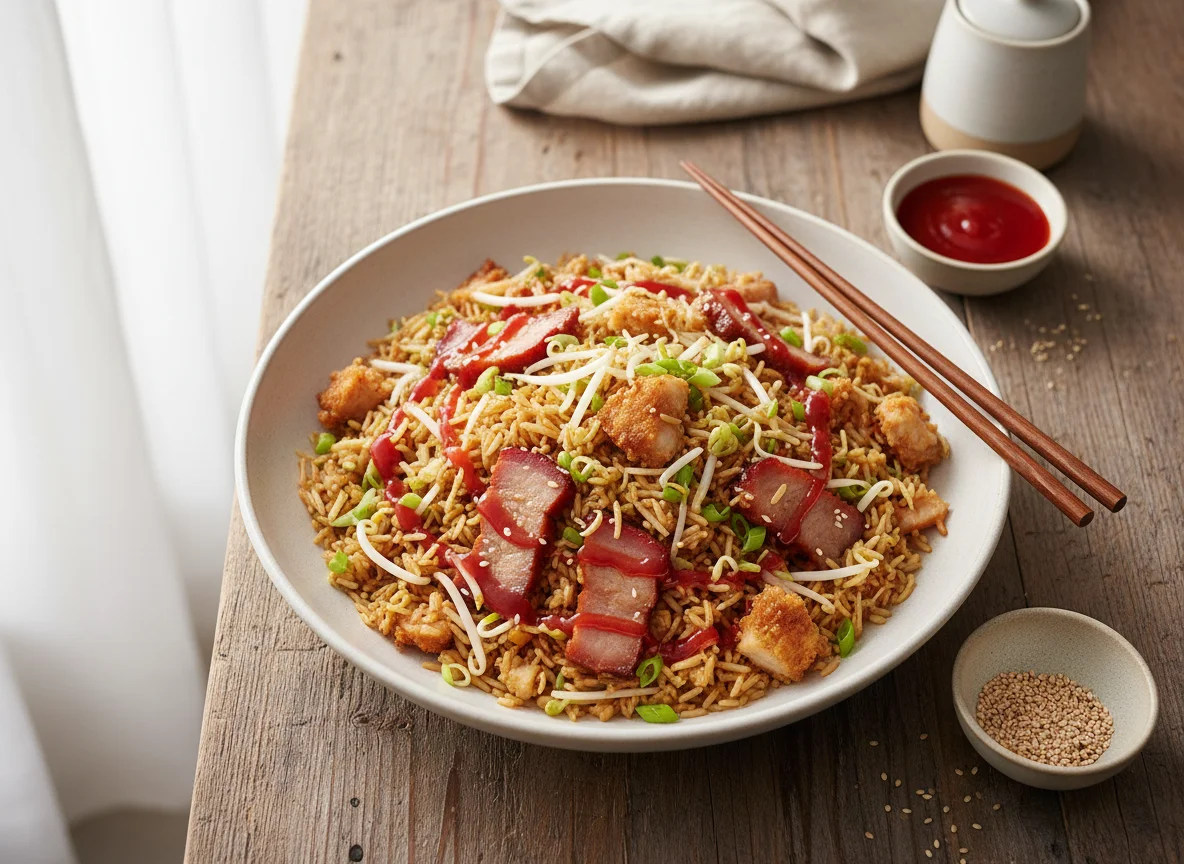 Arroz frito estilo oriental con cerdo y salsa agridulce photo