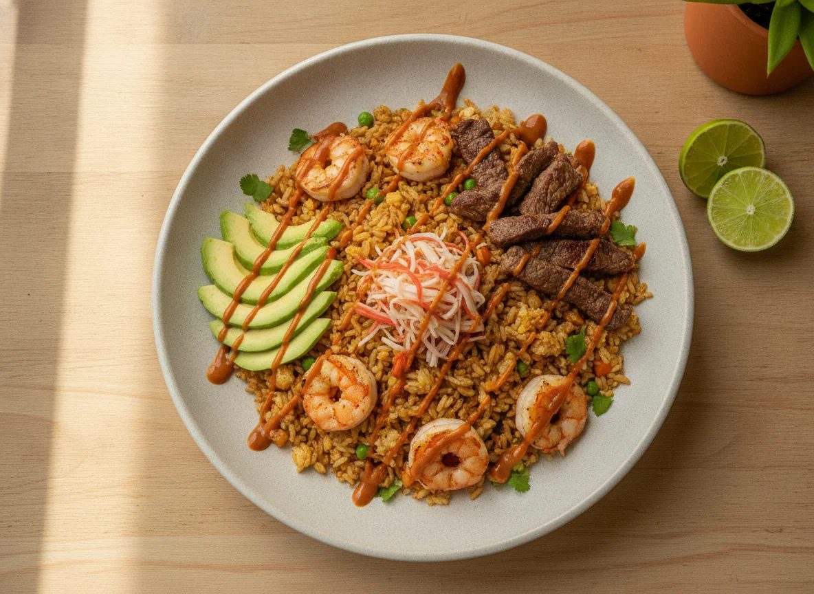 Arroz frito estilo Yakimeshi con camarones, carne y surimi photo