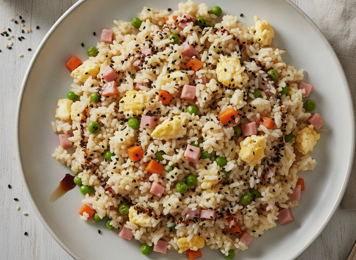Arroz frito tres delicias con sésamo negro photo
