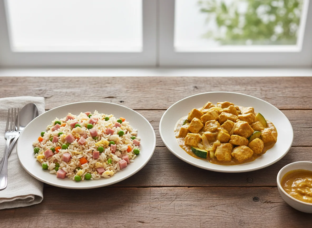 Arroz frito tres delicias y pollo al curry photo