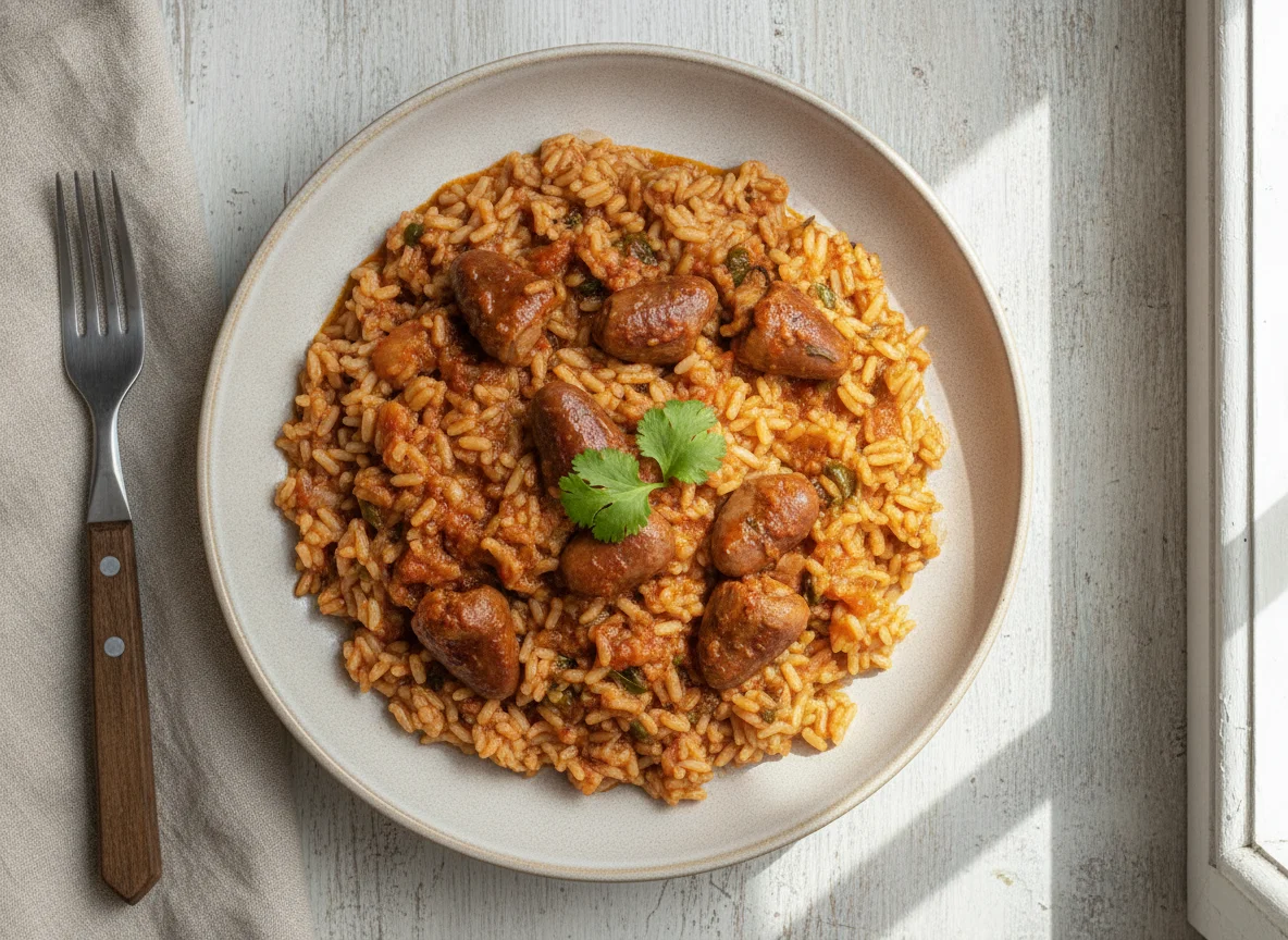 Arroz integral con corazones de pollo estofados photo