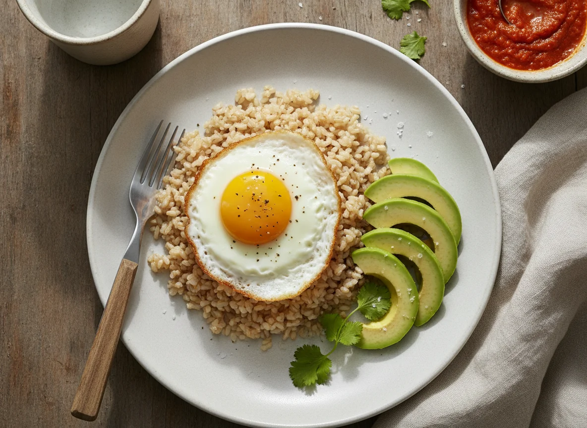 Arroz integral con huevo frito y aguacate photo