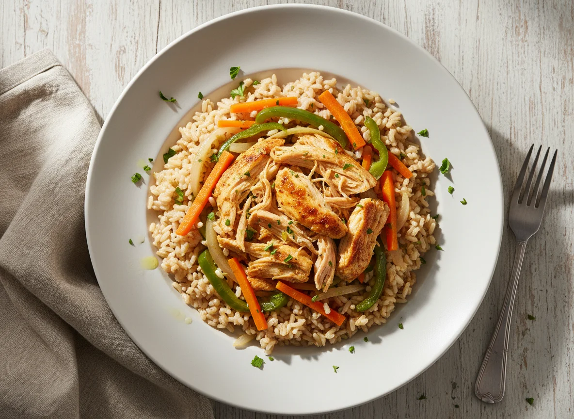 Arroz integral con pollo desmenuzado y verduras photo