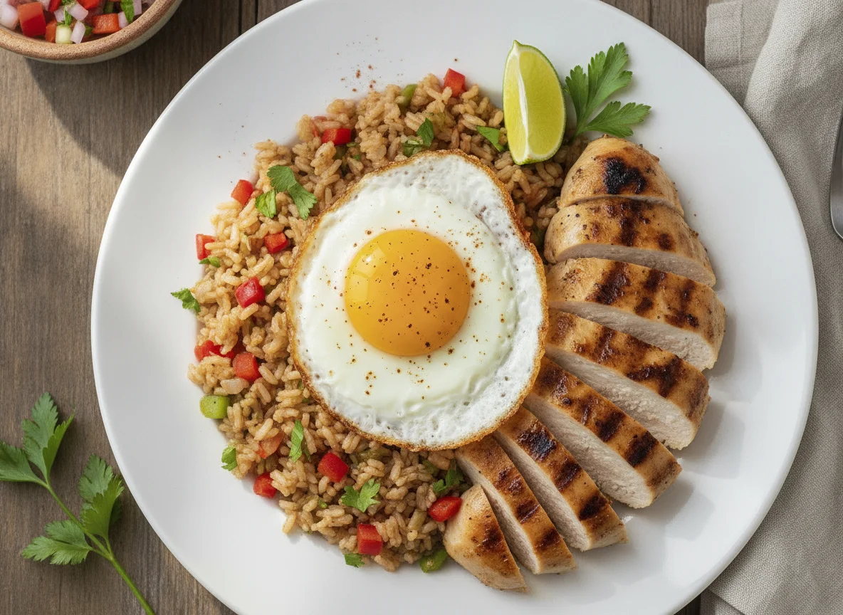 Arroz integral con pollo y huevo frito photo