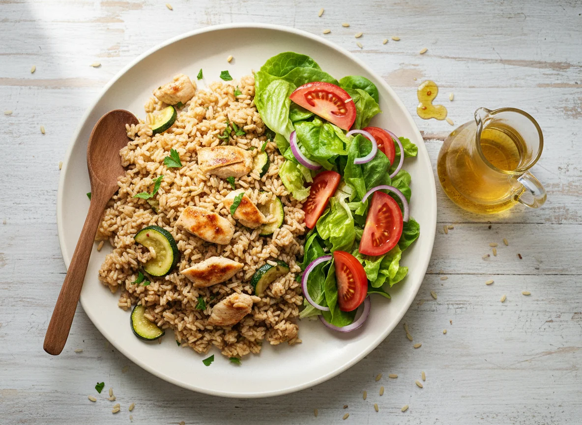Arroz integral con pollo y vegetales, con ensalada photo