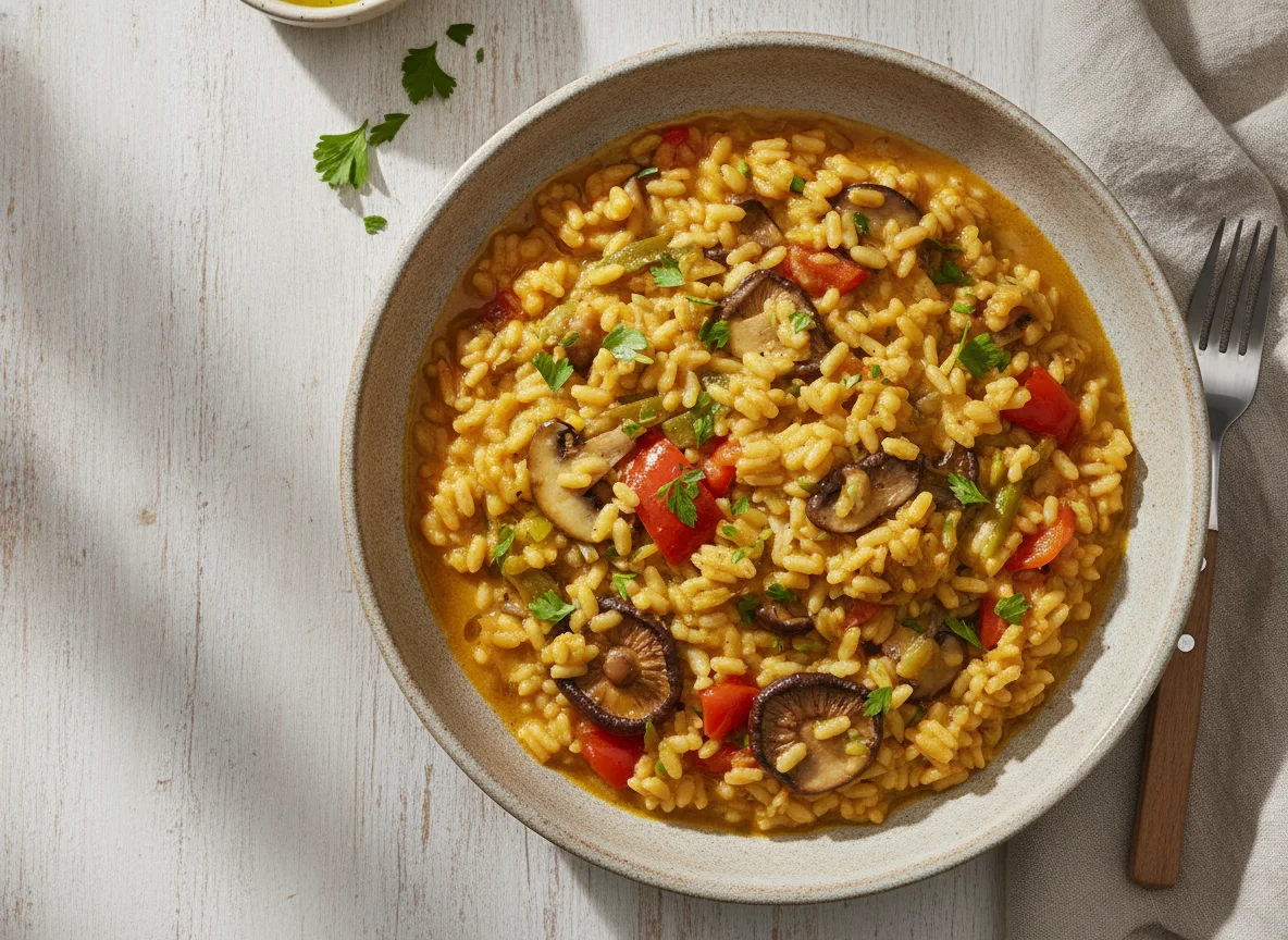 Arroz meloso con verduras y setas photo
