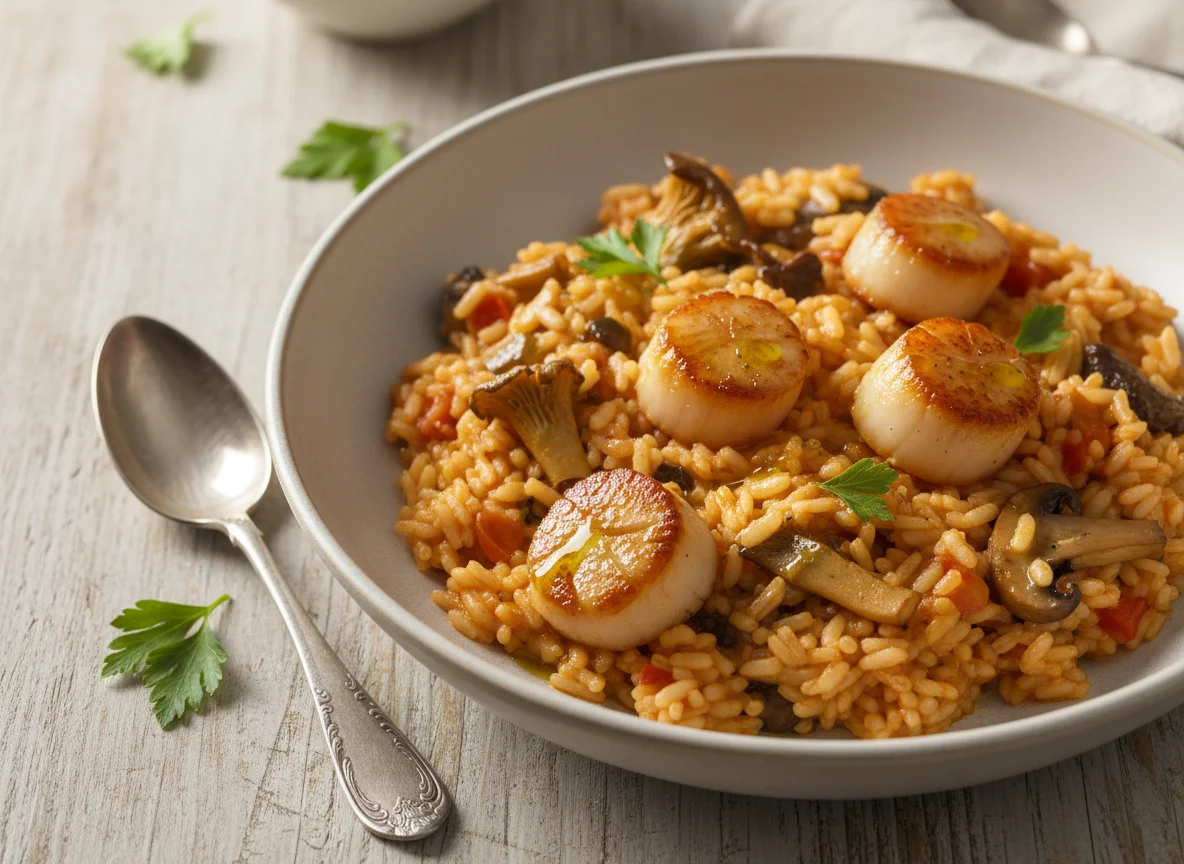 Arroz meloso con vieiras y setas photo
