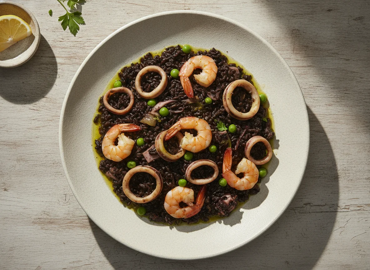 Arroz negro con calamares y gambas photo