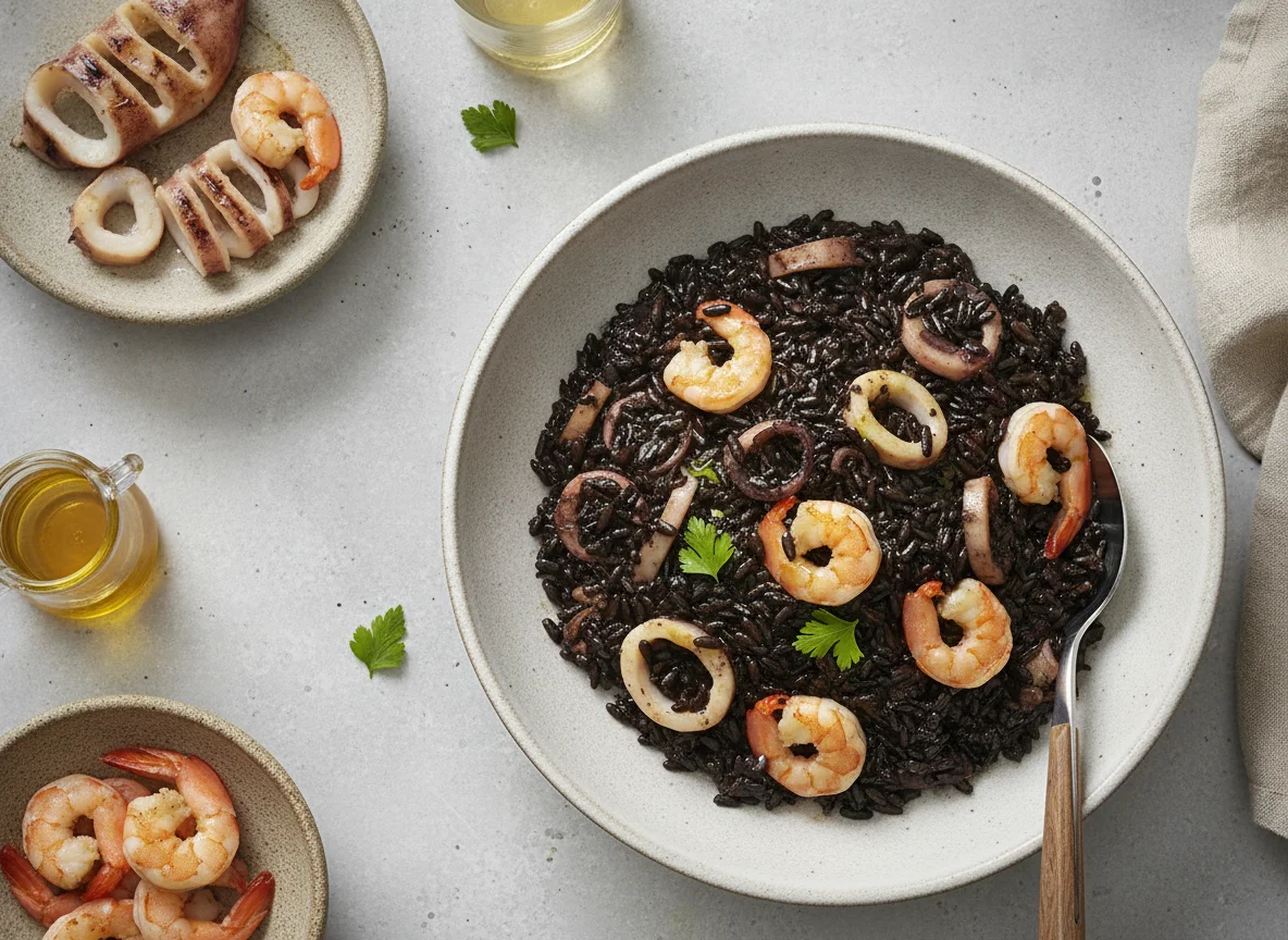 Arroz negro con sepia y gambas photo