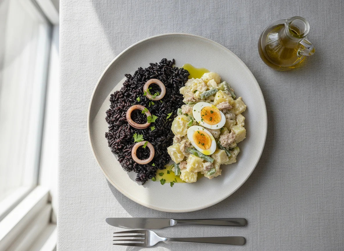 Arroz negro y ensaladilla de patata con atún photo