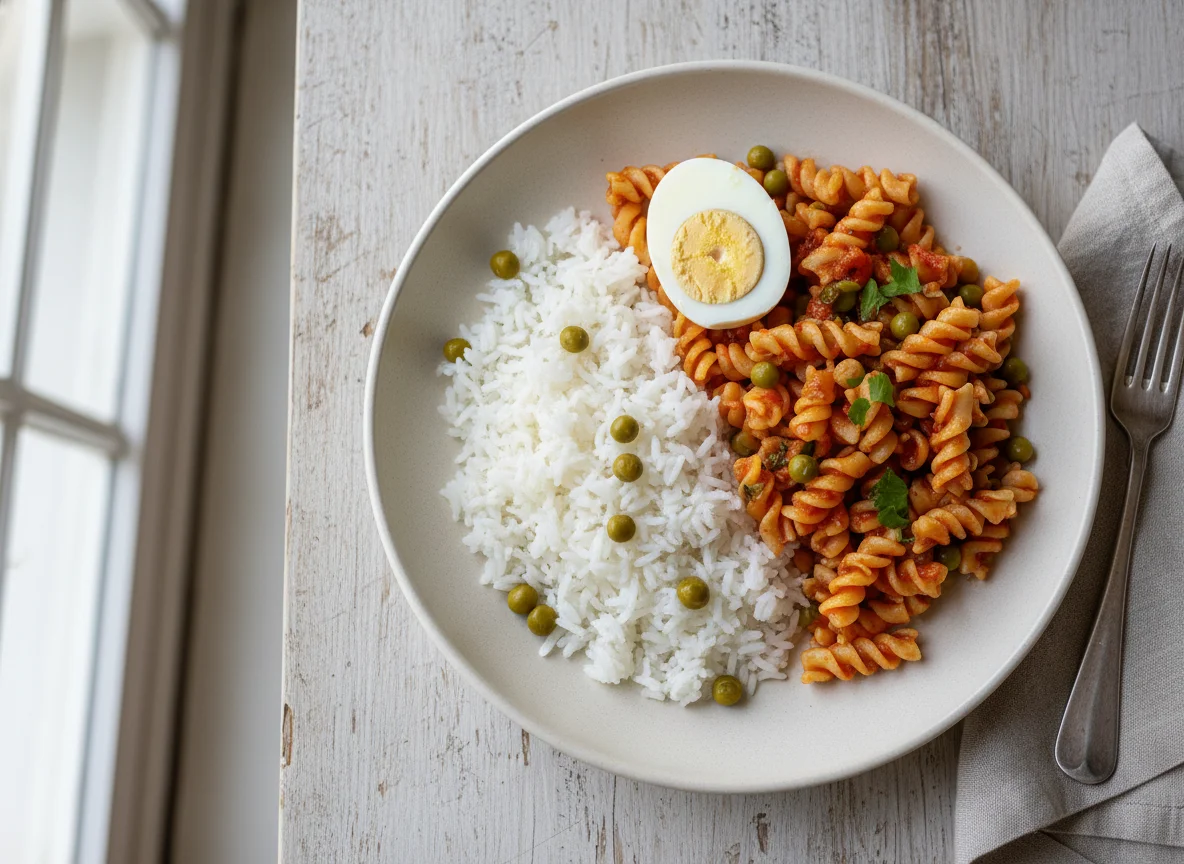 Arroz, pasta con salsa y huevo duro photo