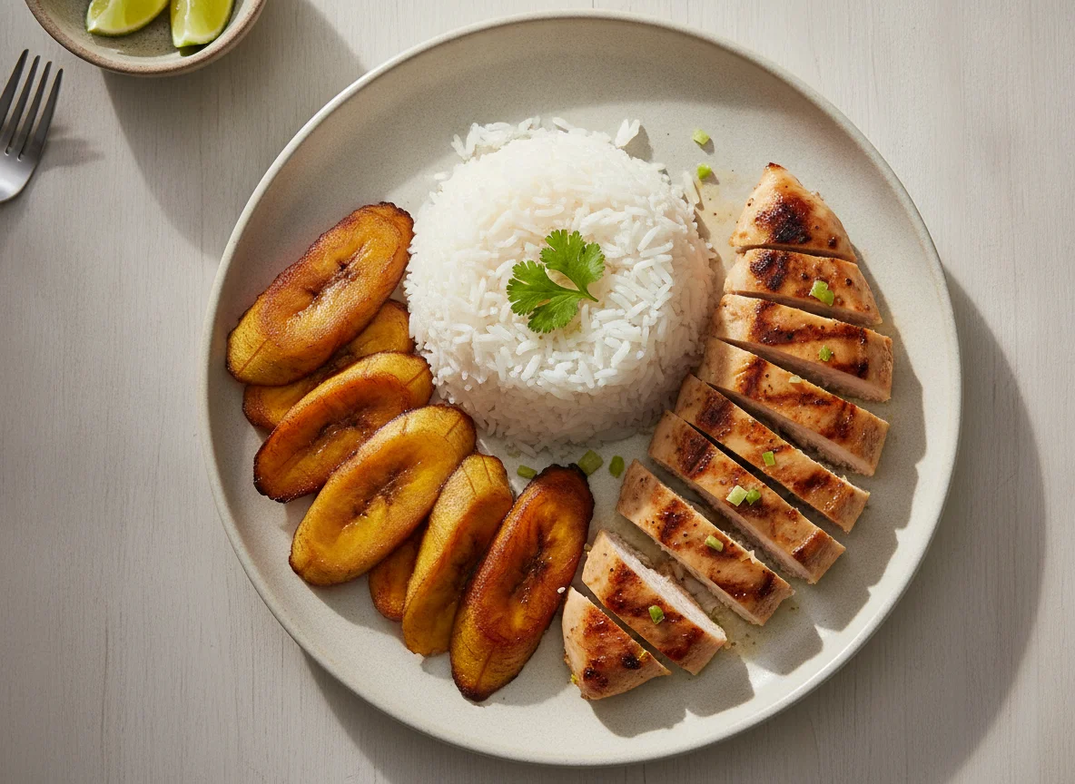 Arroz, plátano maduro y pollo photo