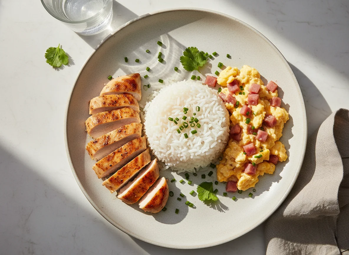 Arroz, pollo y huevos revueltos con jamón photo