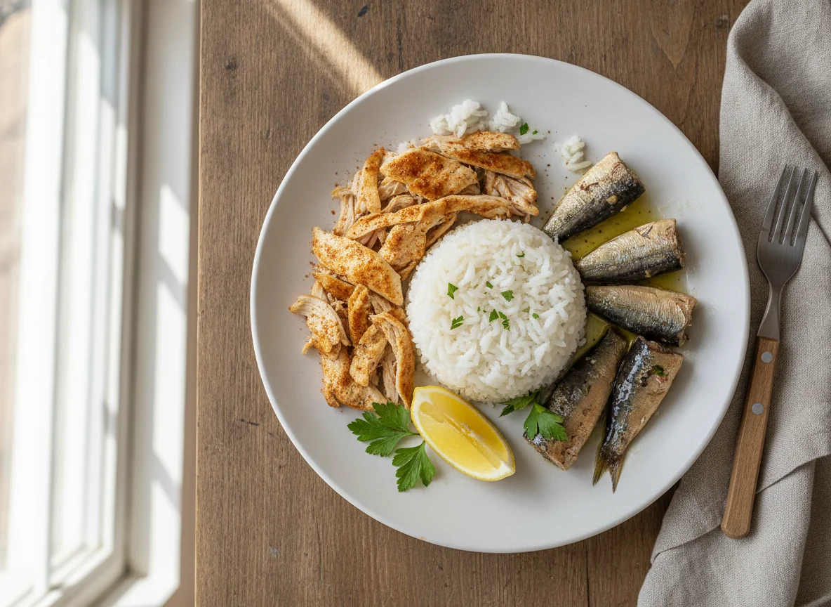 Arroz, pollo y sardina photo